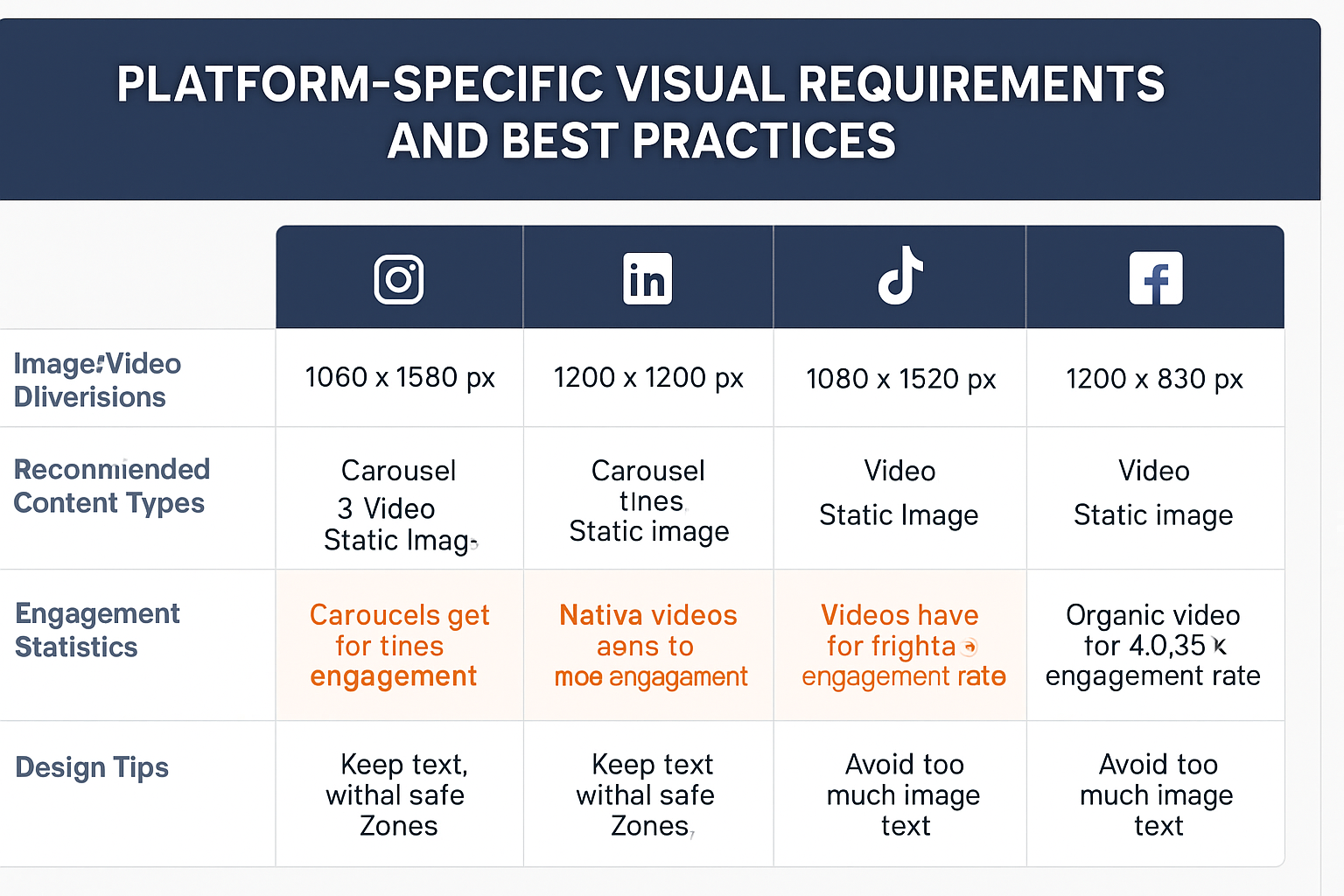Platform-Specific Visual Design Comparison: Quickly understand key differences in optimized content types, dimensions, and engagement tips across major social media channels.