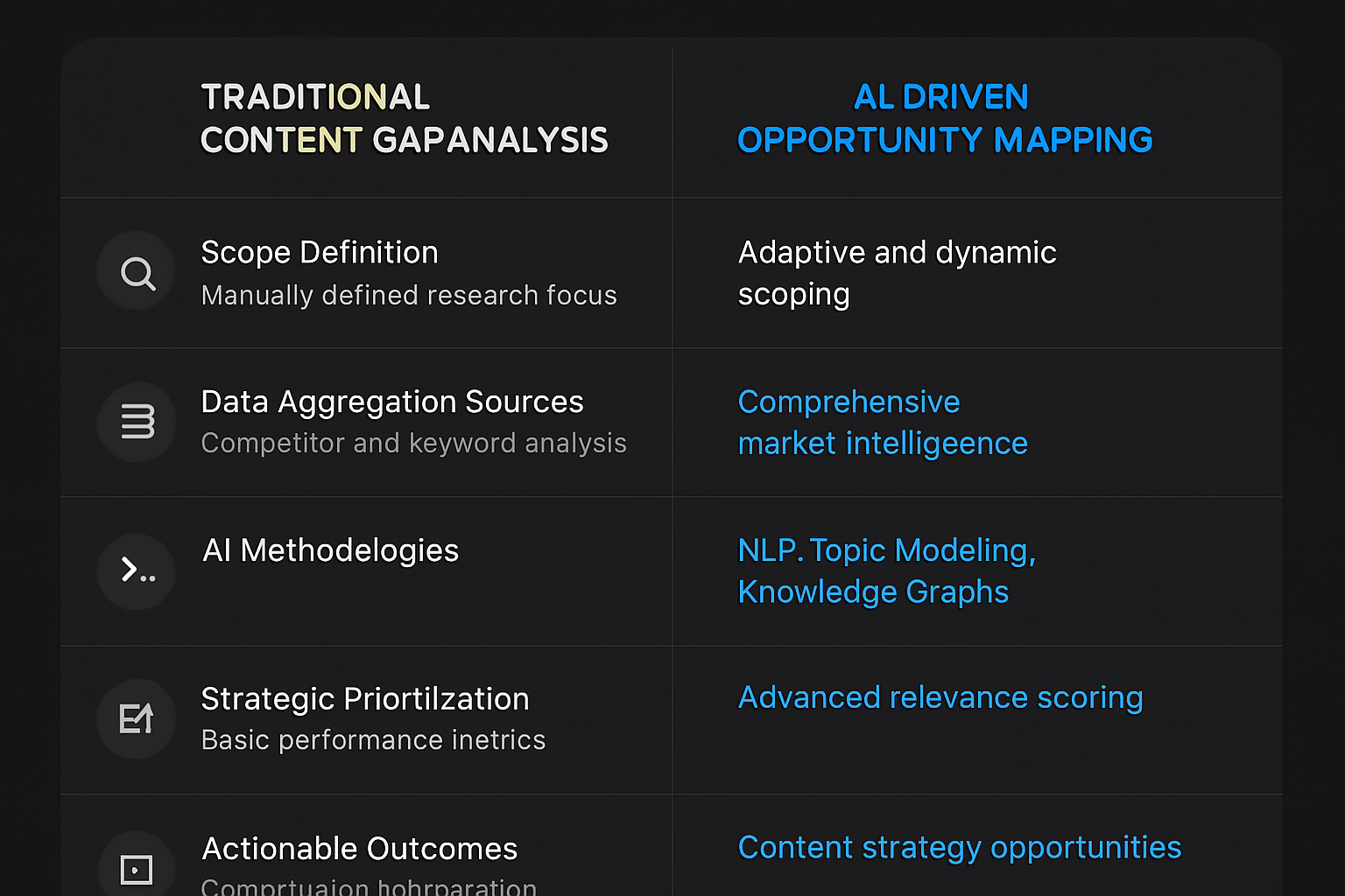 A clear comparison matrix highlighting how AI-powered frameworks significantly expand and enhance traditional content gap analysis methodologies to empower strategic decision-making.