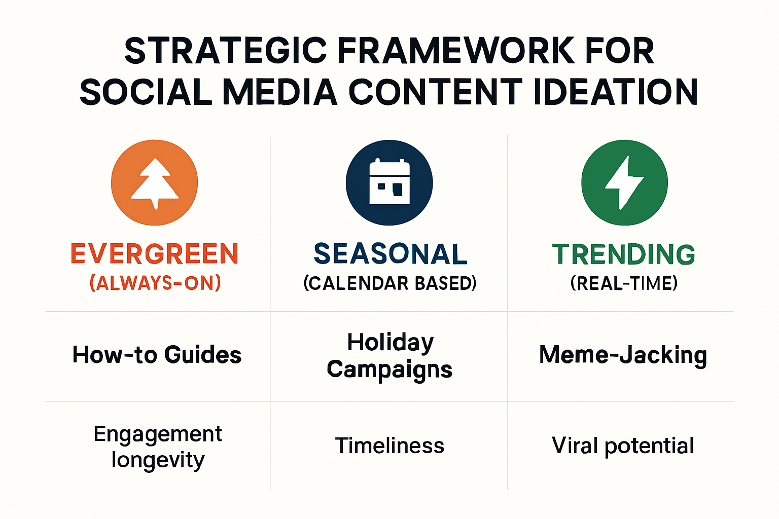 Strategically differentiate your content approach by understanding the unique value of Evergreen, Seasonal, and Trending content tiers in fueling your social media pipeline sustainably.