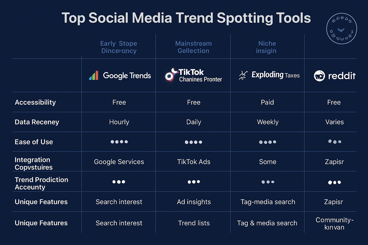 A professional feature matrix comparing top social media trend spotting tools like Google Trends, TikTok Creative Center, Exploding Topics, ViralFindr, and Reddit across criteria such as accessibility, data recency, and ease of use. The design uses a clean, grid-based layout with a blue and dark gray palette for an authoritative tone.