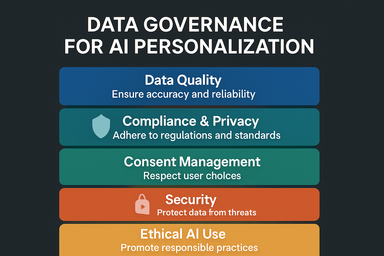Visual framework clarifying the essential governance domains to build trust and ensure ethical, compliant AI-driven personalization at scale.