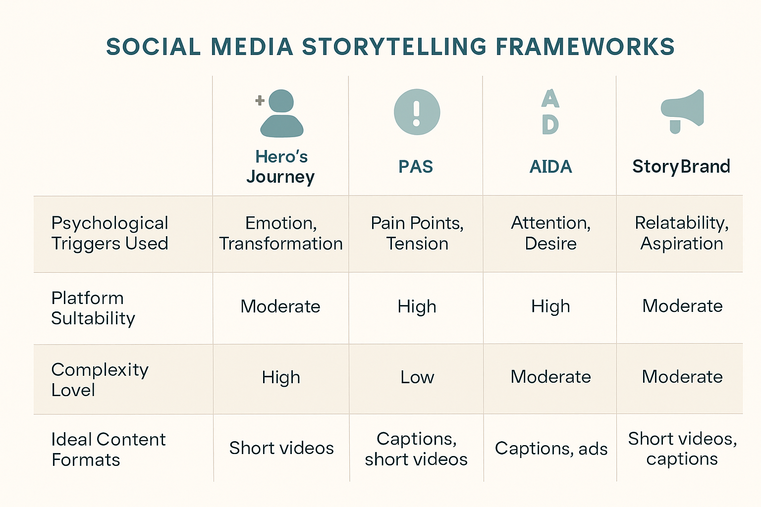 A feature matrix comparing advanced narrative and copywriting frameworks