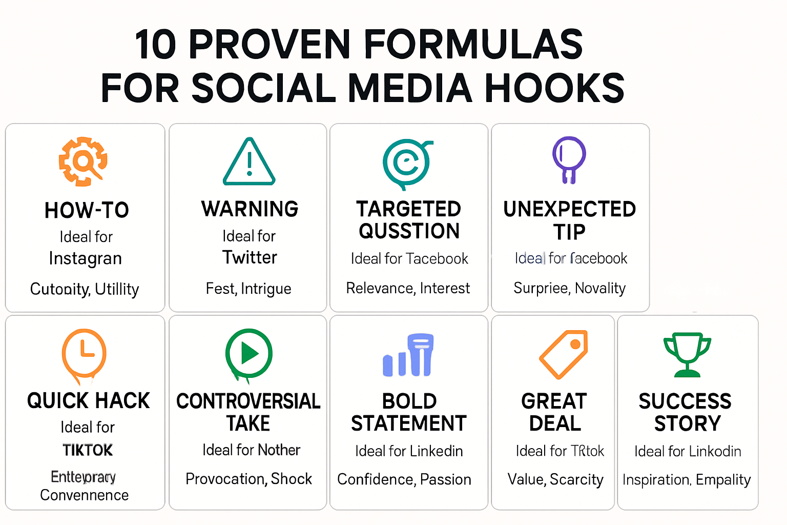 An infographic presenting 10 proven formulas for social media hooks