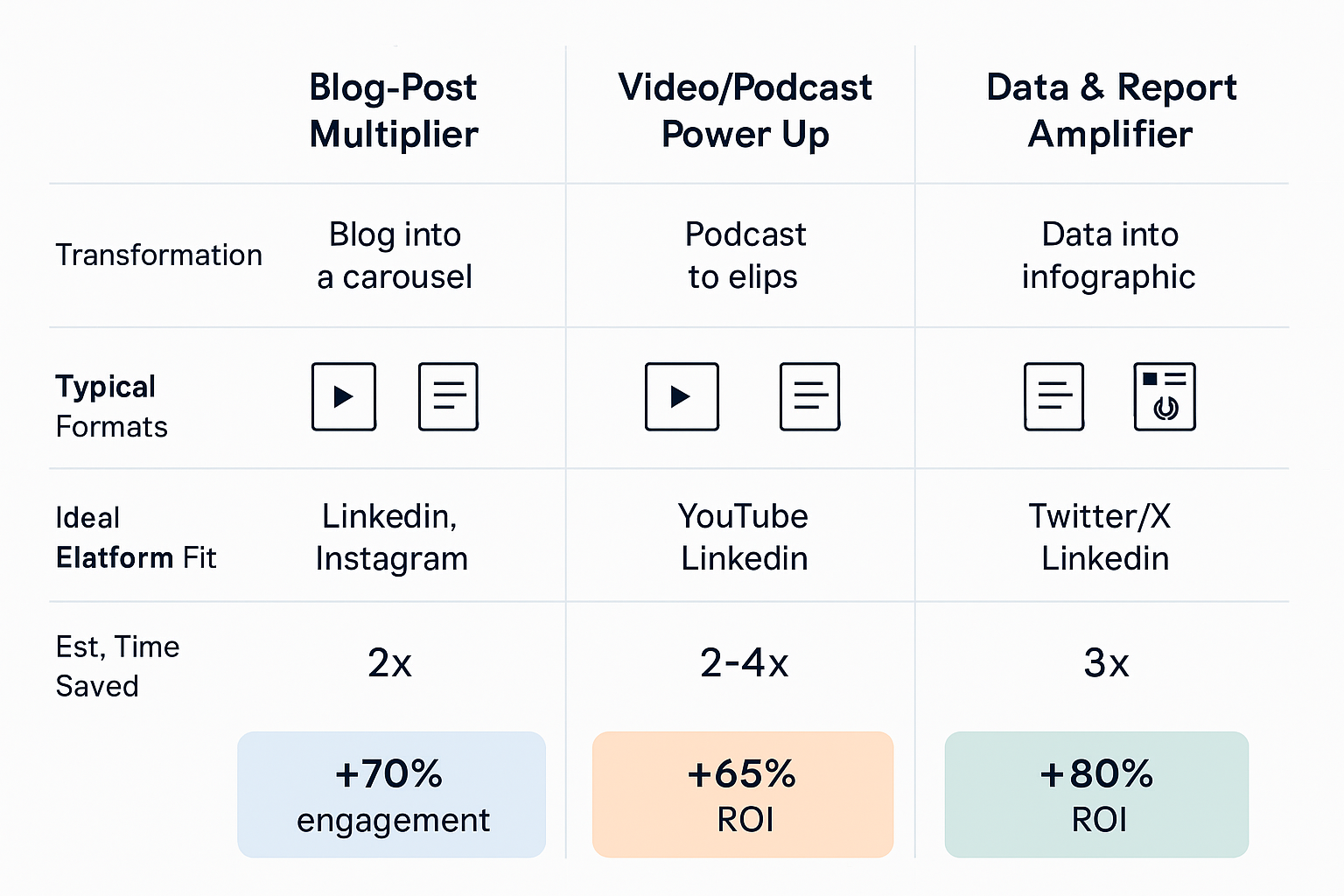 A side-by-side comparison matrix showing three playbooks: Blog Post Multiplier, Video/Podcast Power-Up, and Data & Report Amplifier, detailing their transformation methods, content formats, and platform fits.