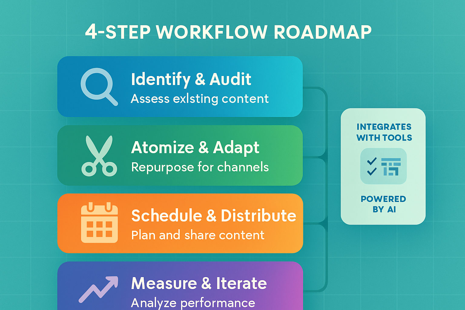 A 4-step workflow diagram illustrating the stages: Identify & Audit, Atomize & Adapt, Schedule & Distribute, and Measure & Iterate.
