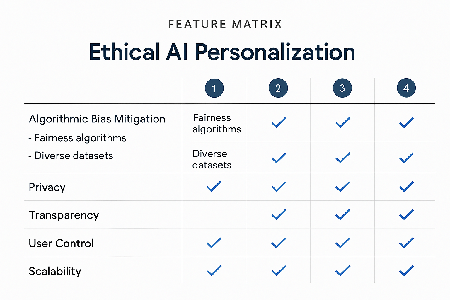 Feature matrix comparing key ethical AI frameworks and technologies highlights how each addresses bias, privacy, transparency, and user control—helping businesses make informed personalization technology choices.