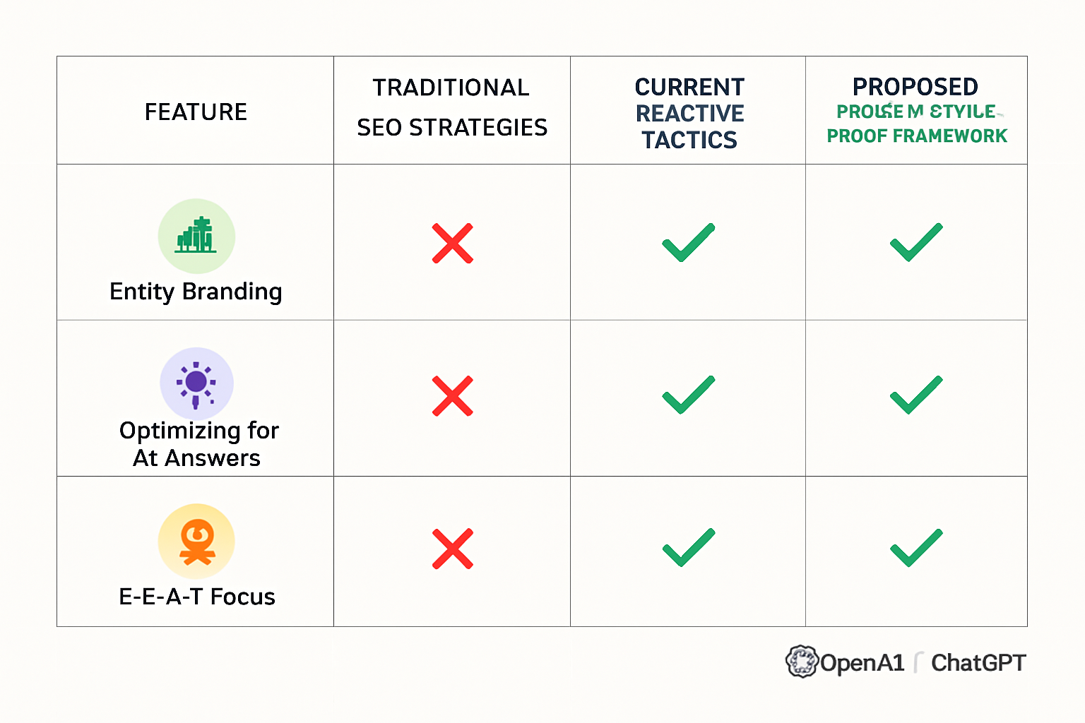 This comparison matrix clarifies key strategic shifts, helping teams quickly evaluate how our proactive SEO framework outperforms traditional and reactive approaches in future-proofing content.