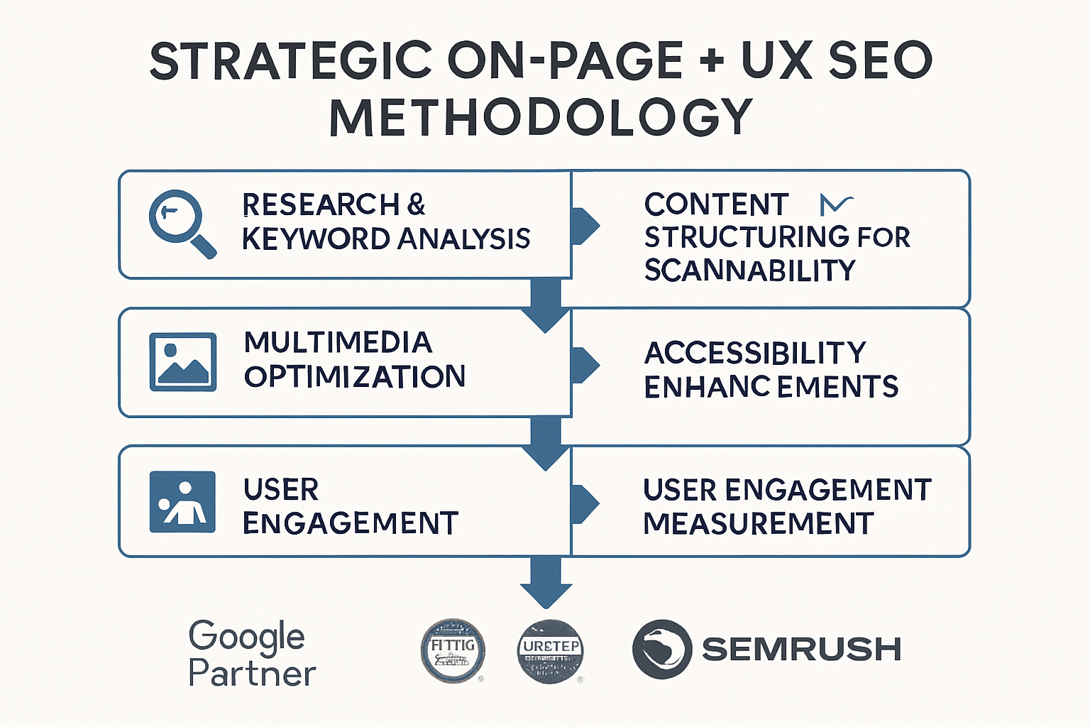Process diagram showing the strategic on-page and UX SEO methodology