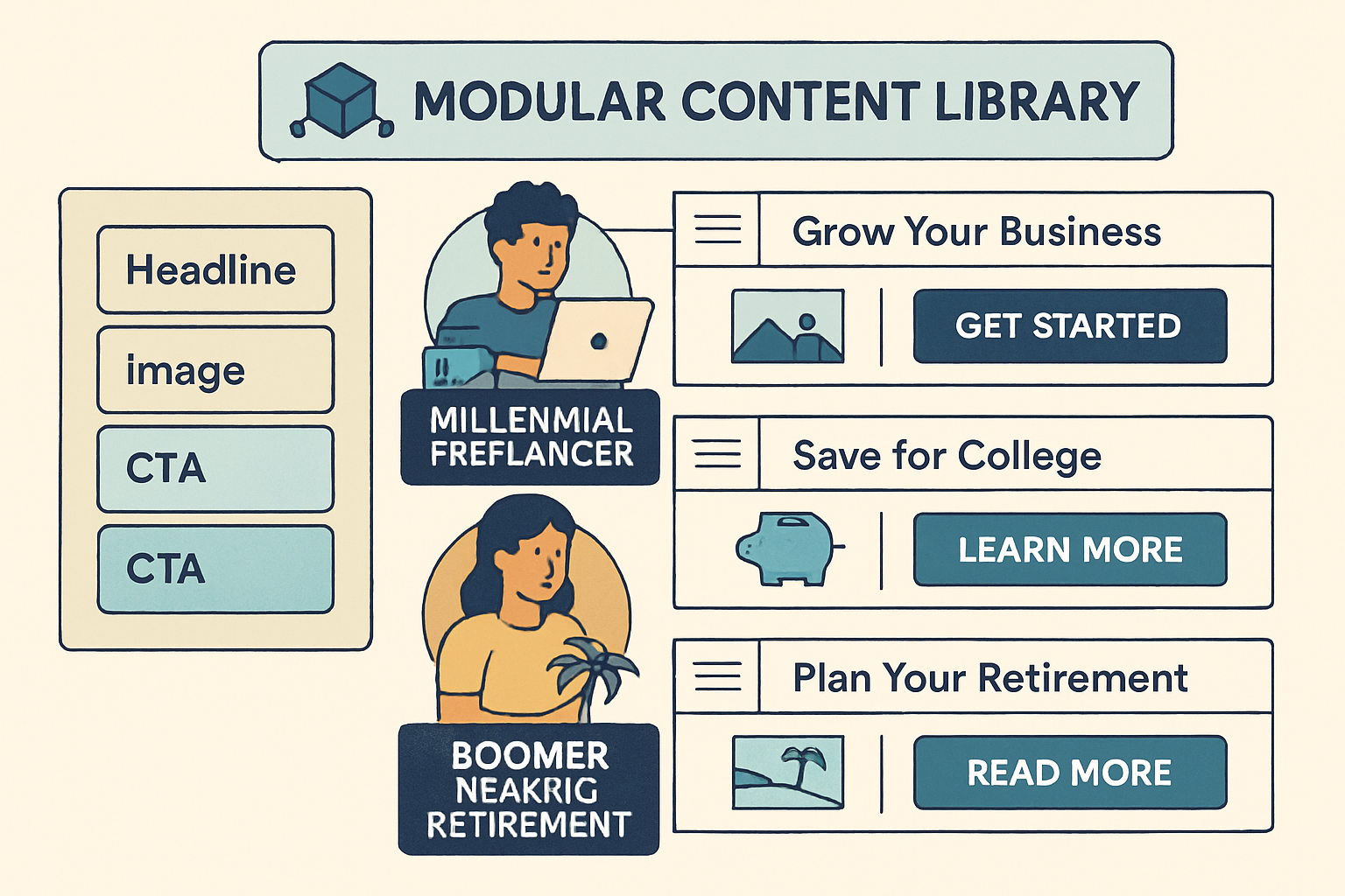 Illustrated case study infographic showcasing how modular content tailored to diverse personas enables personalized marketing at scale, building credibility through practical example.