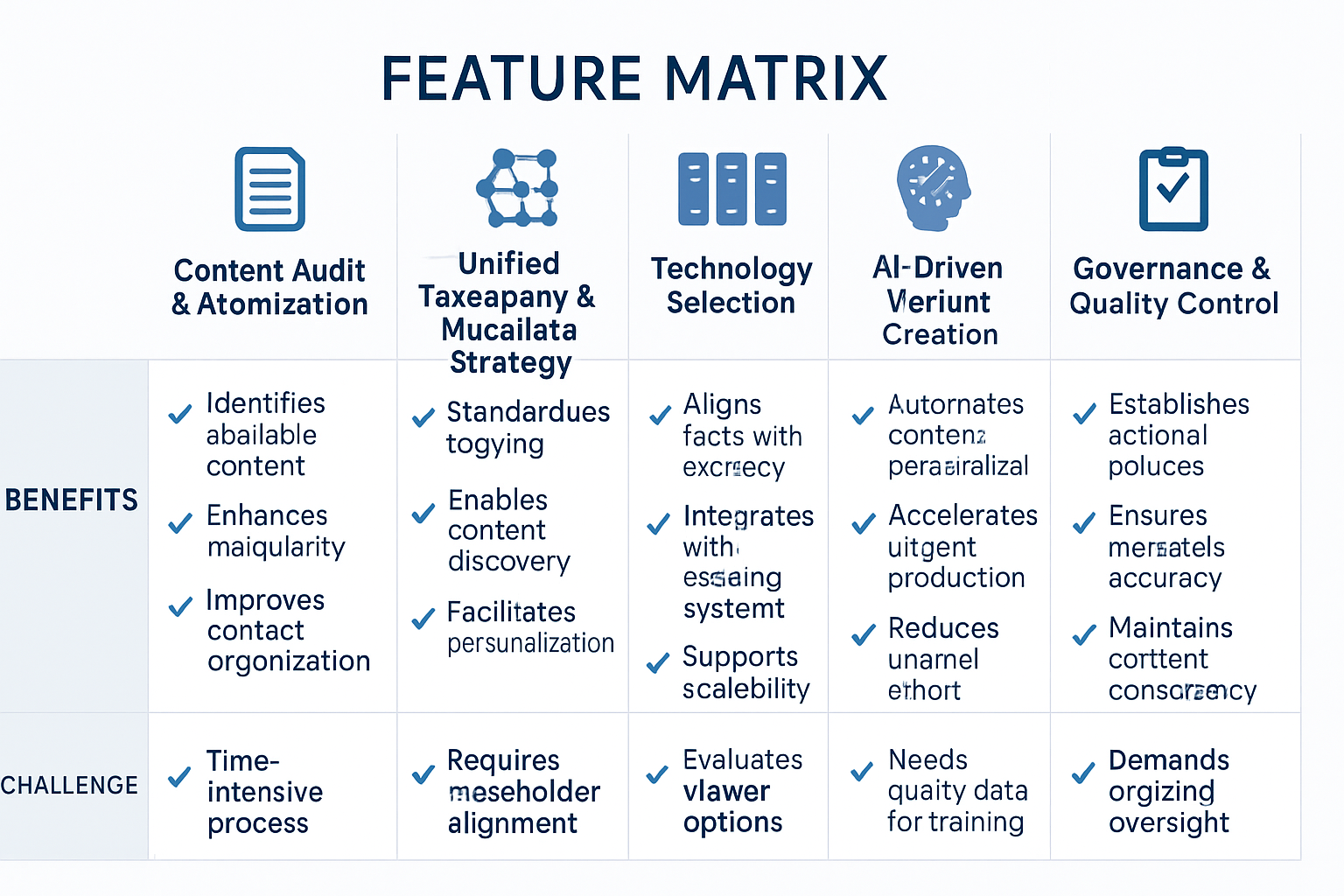 Feature matrix comparing essential implementation steps for scalable modular content assembly, simplifying evaluation for technical strategists.