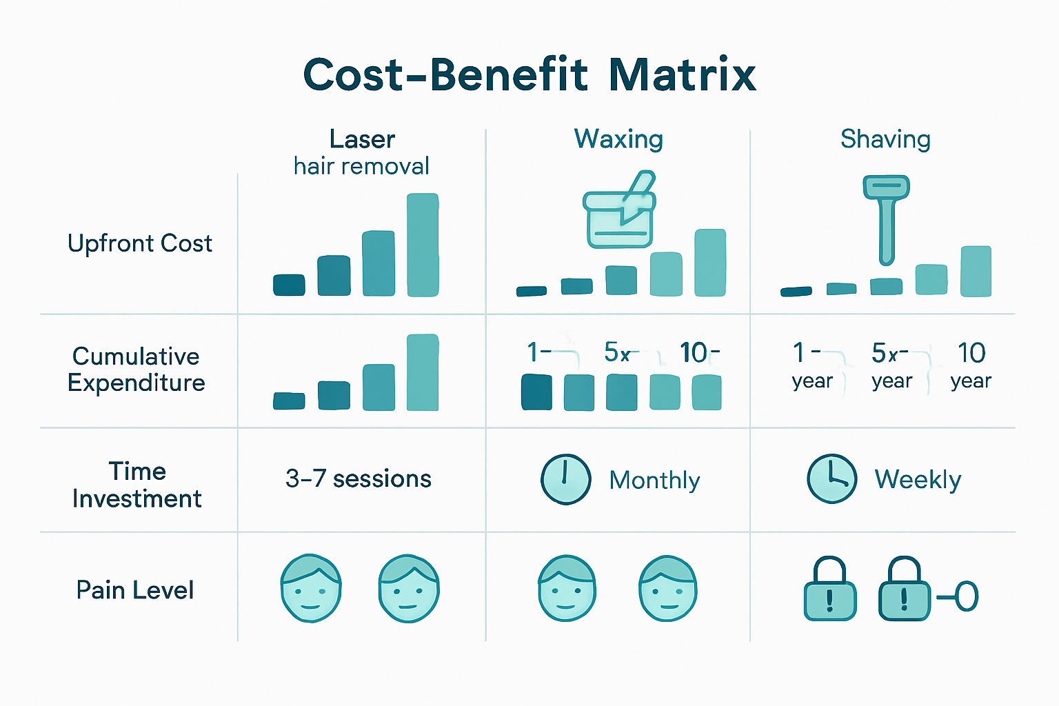 A clean, professional infographic showing a side-by-side cost-benefit matrix comparing laser hair removal, waxing, and shaving over 1, 5, and 10-year horizons. Use bar graphs and icons to represent upfront cost, cumulative expenditure, time investment, pain level, and permanence score.