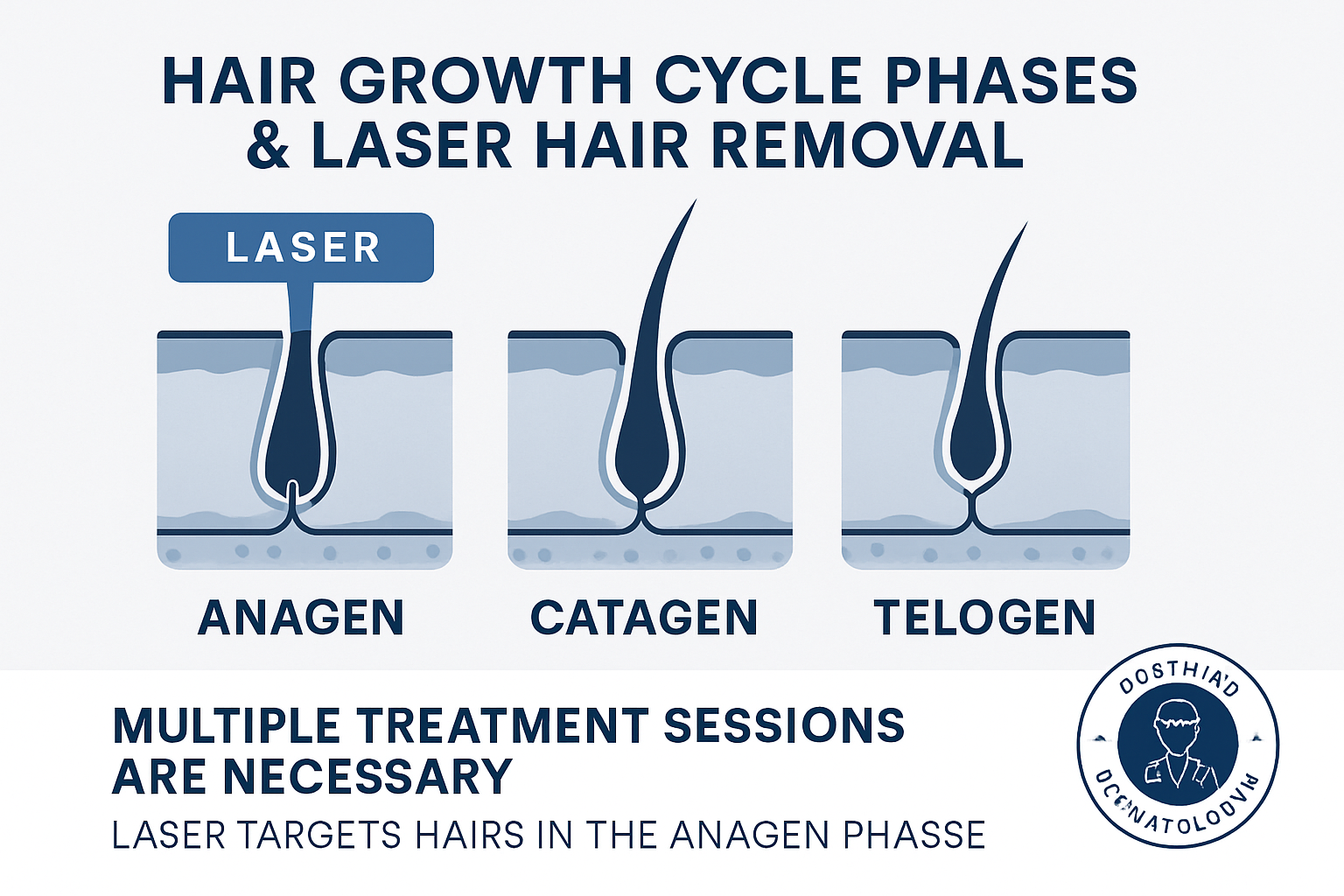 An authoritative, easy-to-understand diagram illustrating the hair growth cycle phases combined with laser hair removal's mechanism of action.
