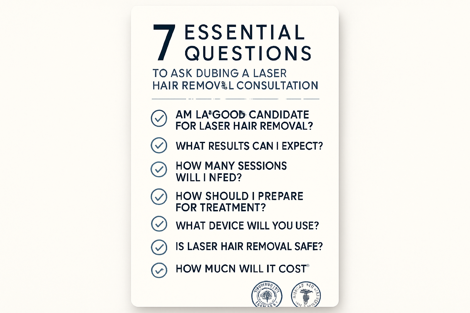 A branded, professional checklist infographic listing the 7 essential questions to ask during a laser hair removal consultation.