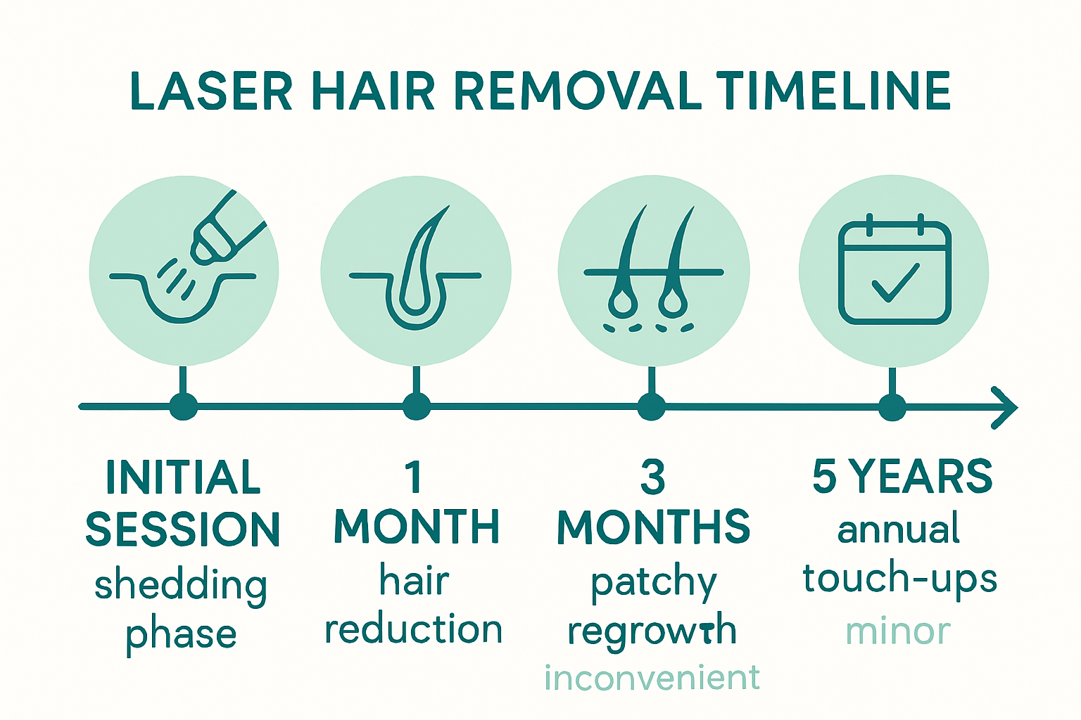 A forward-looking, optimistic timeline visualization showing key milestones from initial laser hair removal session through 5 years of maintenance.