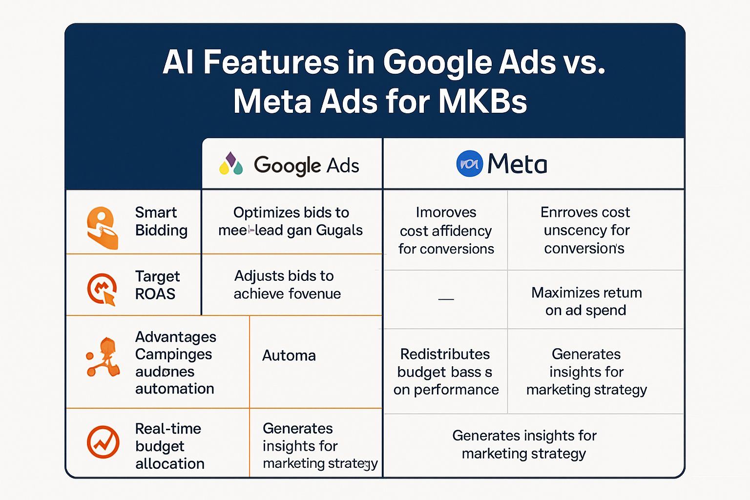 Comparison of core AI functionalities in Google Ads and Meta Ads highlights the right tools for your MKB marketing goals, simplifying platform selection.