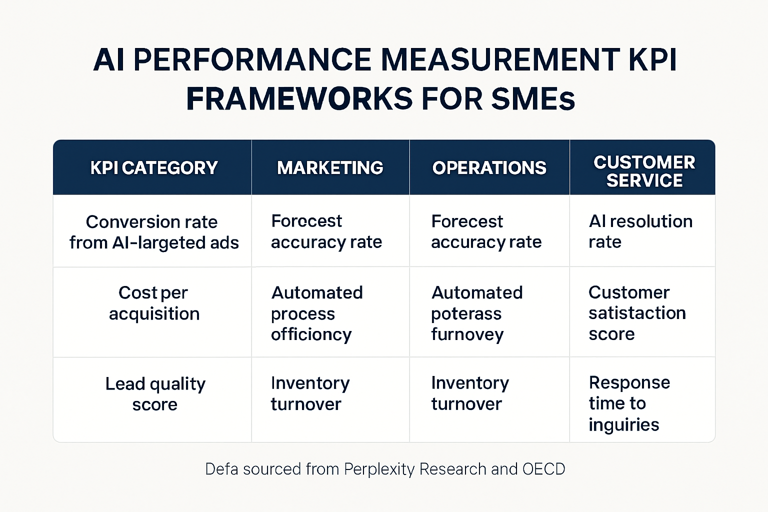 Tabel met vergelijking van AI KPI-frameworks voor marketing, operations en customer service.