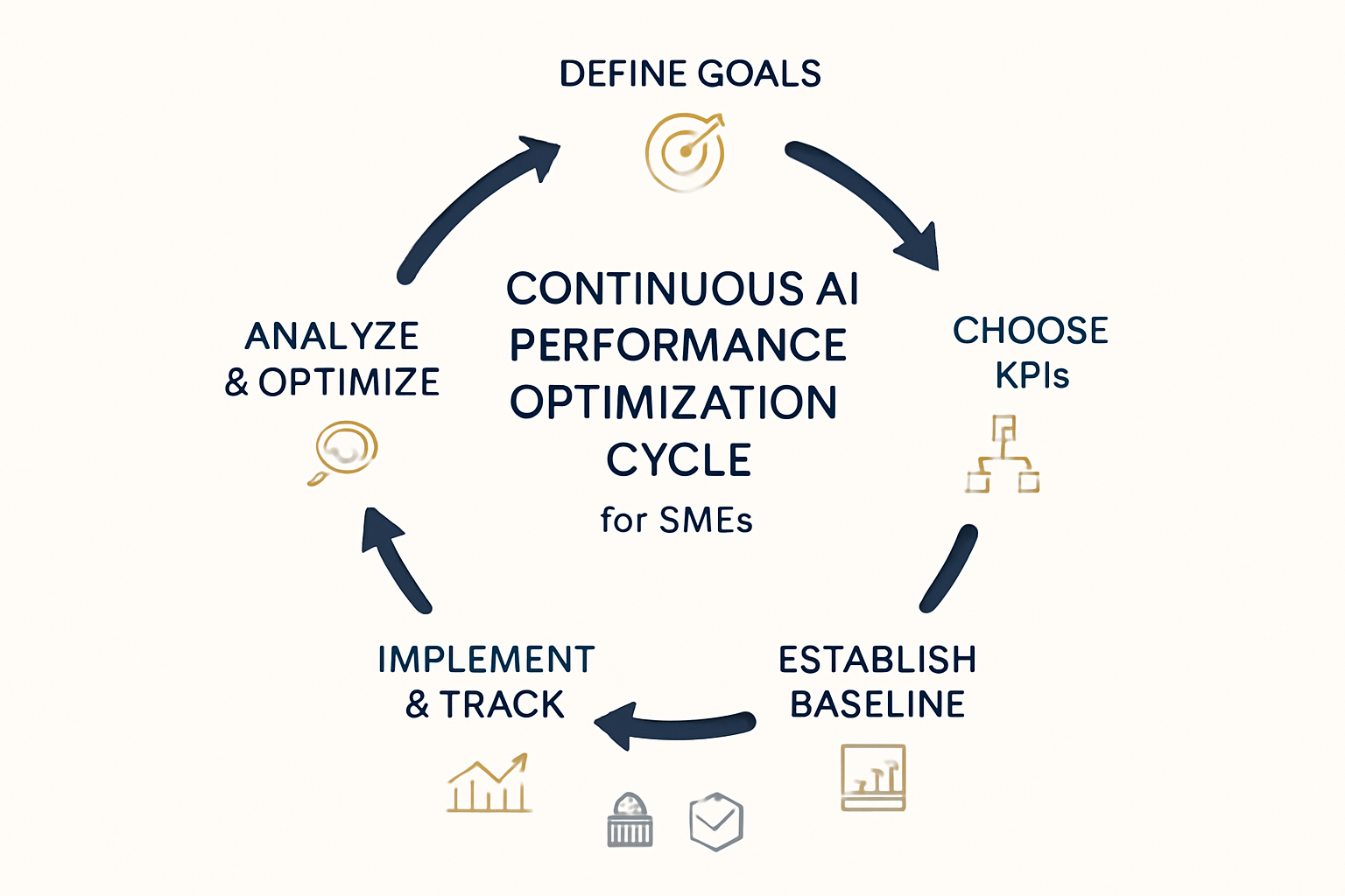Diagram van de continue AI-optimalisatiecyclus: doelen definiëren, KPI's kiezen, baseline vastleggen, implementeren & volgen, analyseren & optimaliseren.