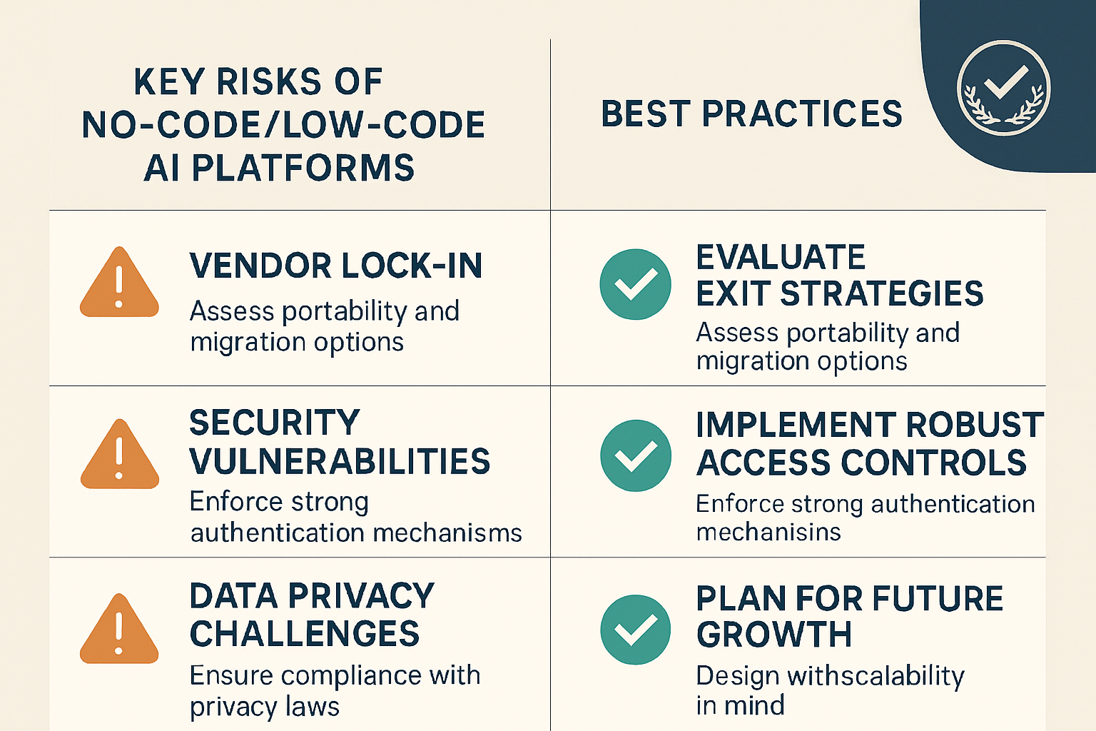 Een infographic die de belangrijkste risico's van no-code/low-code platforms visualiseert en praktische tips geeft om deze te beheren.