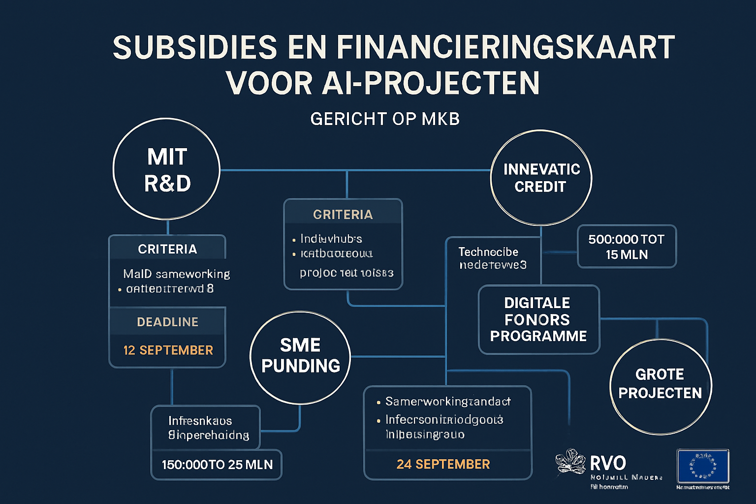 Compleet overzicht van nationale en Europese subsidies en financieringen die MKB-bedrijven helpen AI-investeringen te realiseren, versterkt door officiële keurmerken.
