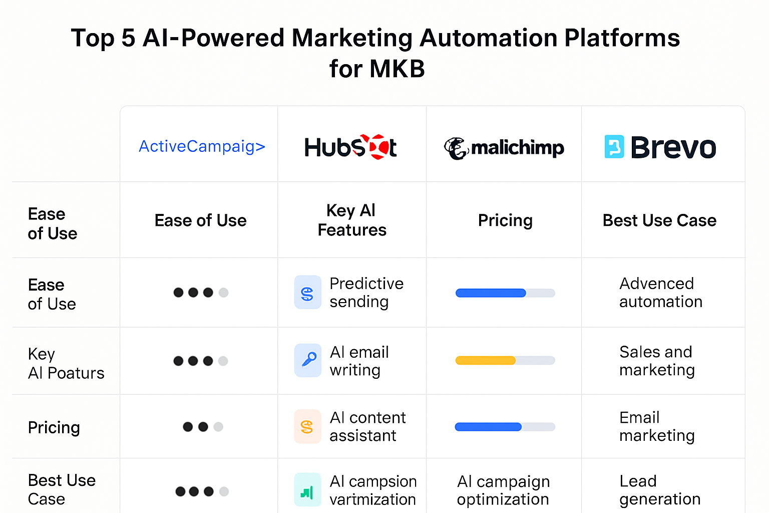 Feature matrix highlighting key AI capabilities and suitability for MKB needs—your quick-reference guide to smarter marketing automation platforms.