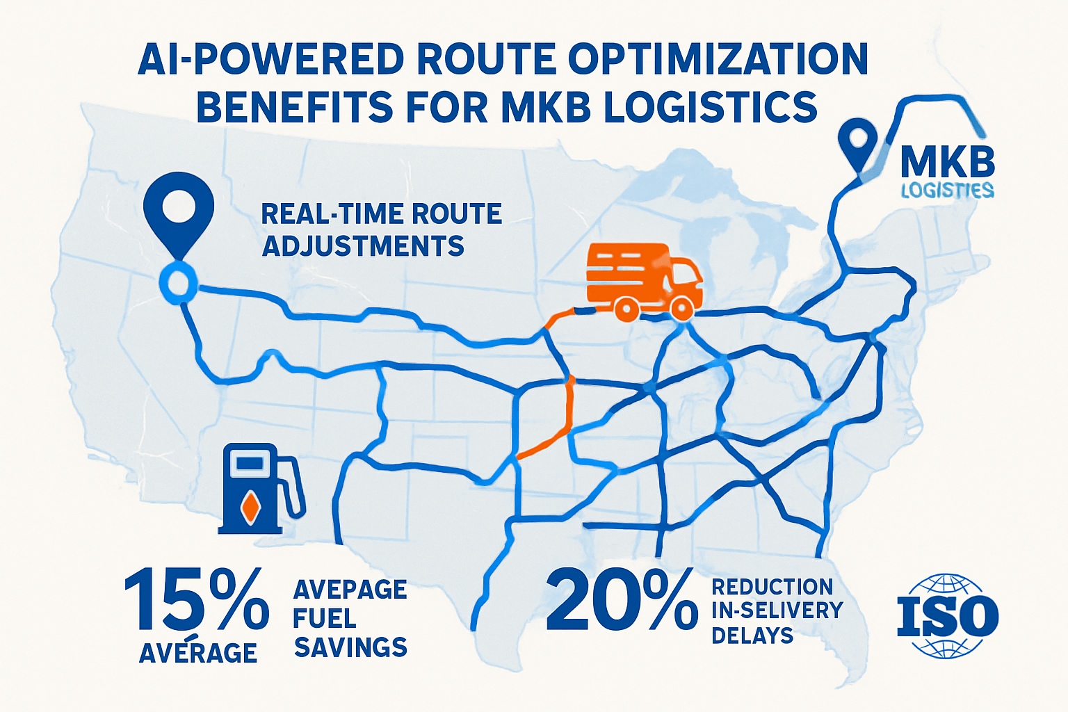 Een infographic van een kaart die de voordelen van AI-gedreven route-optimalisatie toont, zoals brandstofbesparing en kortere levertijden.