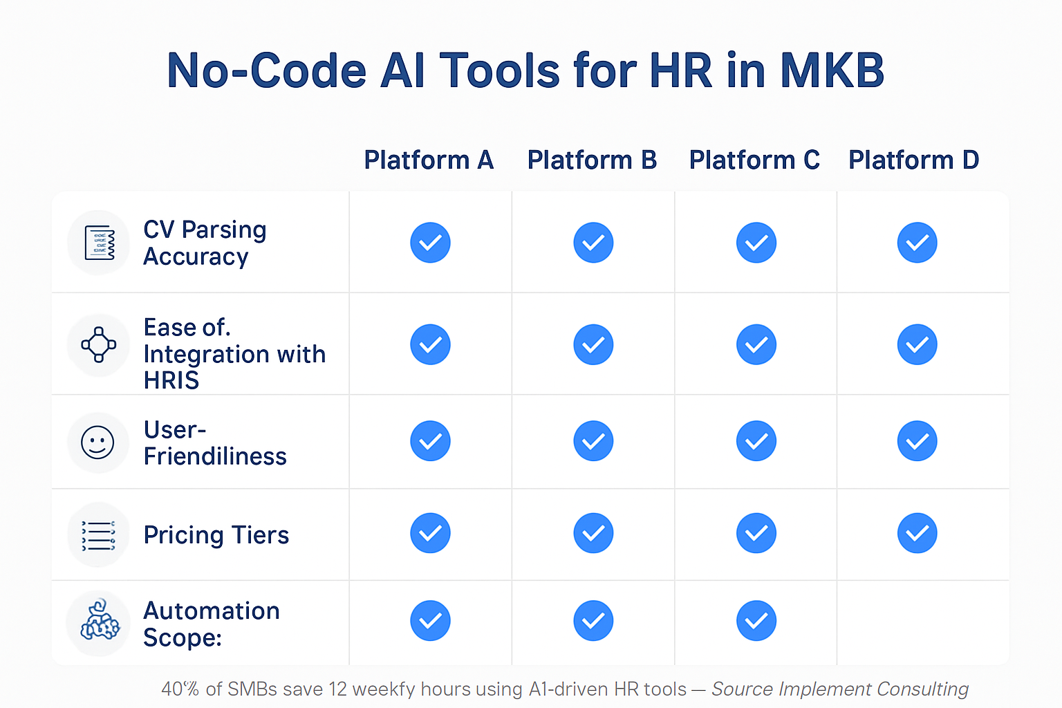 Een vergelijkingsmatrix van no-code AI-tools voor HR, waarin kenmerken als CV-parsing, integratiegemak, en prijs worden vergeleken.