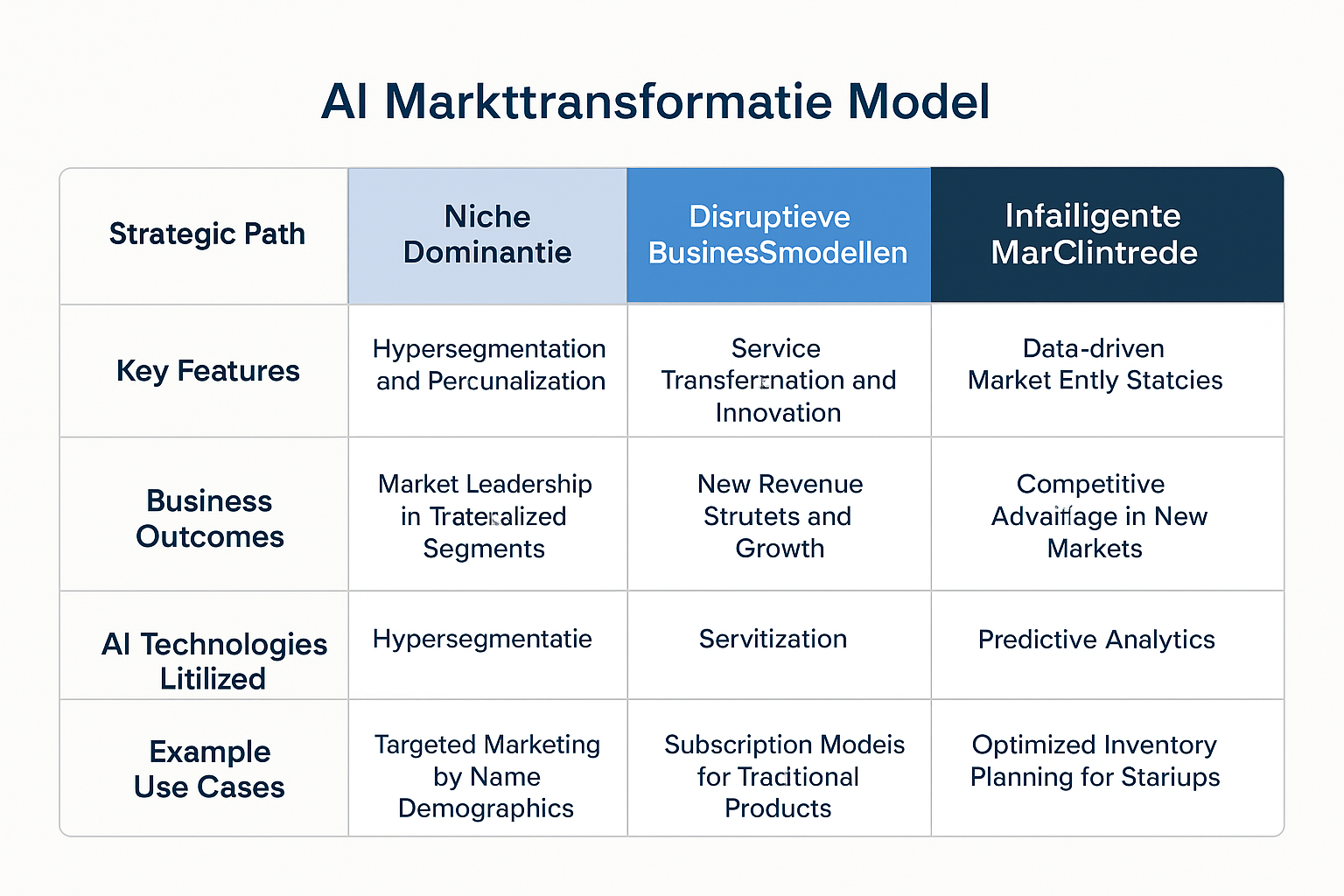 Overzichtelijke matrix die helpt bij het kiezen van de juiste AI-markttransformatiestrategie, gebaseerd op unieke kenmerken en zakelijke voordelen.