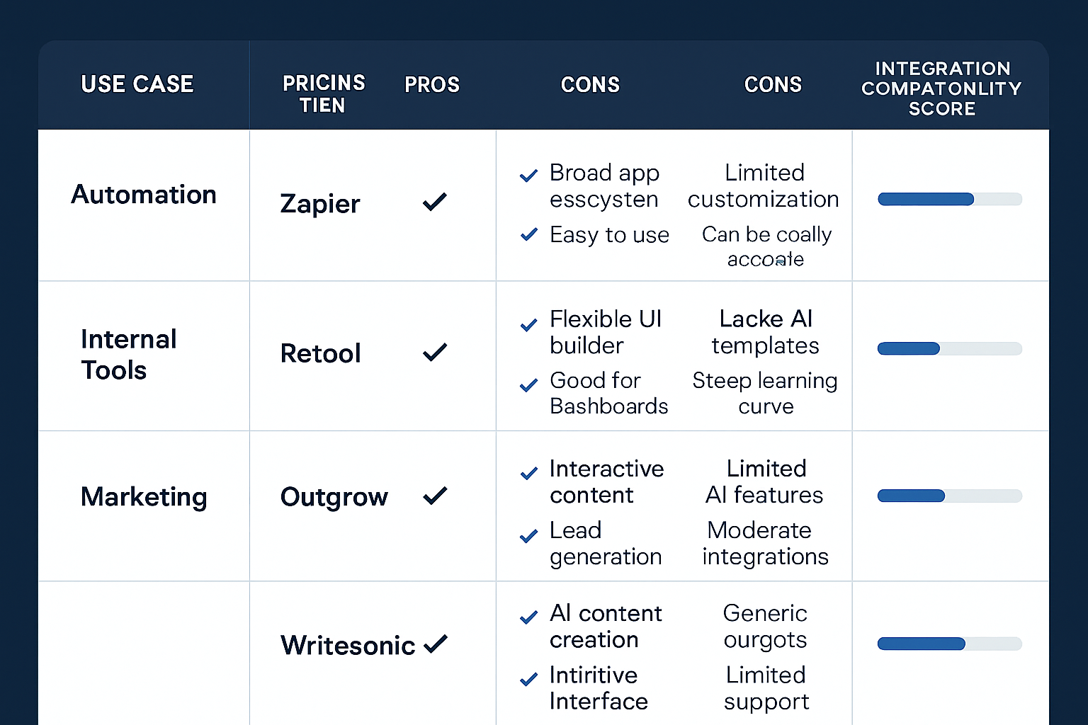 Side-by-side comparison matrix of no-code AI platforms for SMEs
