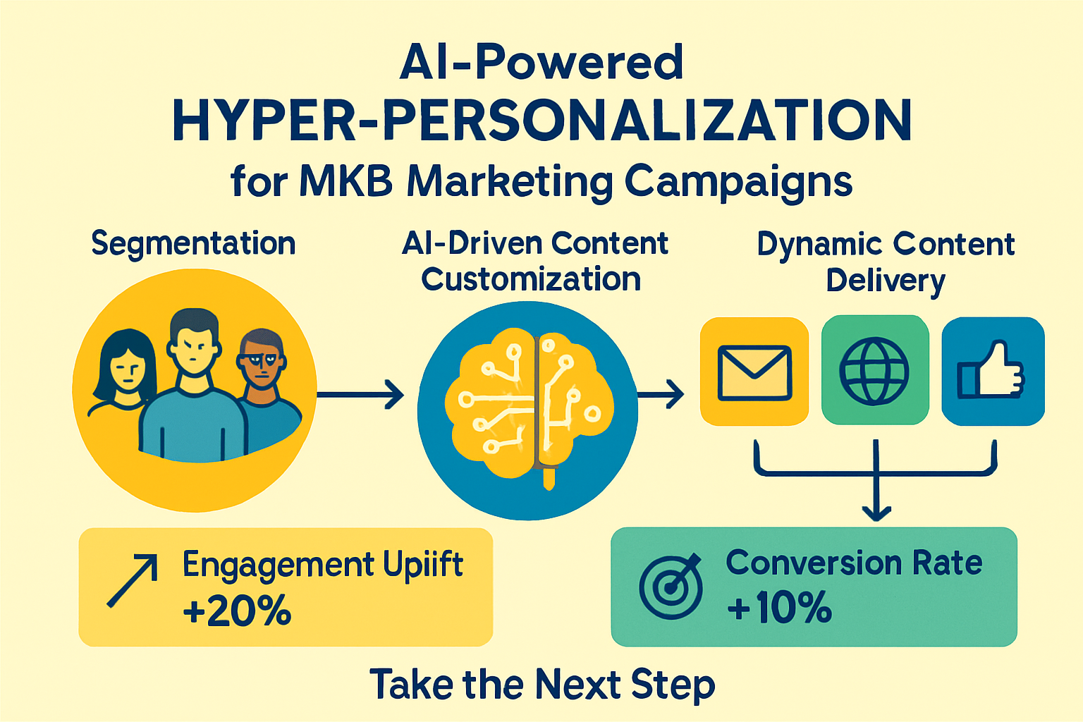 Een infographic die een AI-hyperpersonalisatieworkflow illustreert, van klantsegmentatie tot dynamische contentlevering en het meten van resultaten.