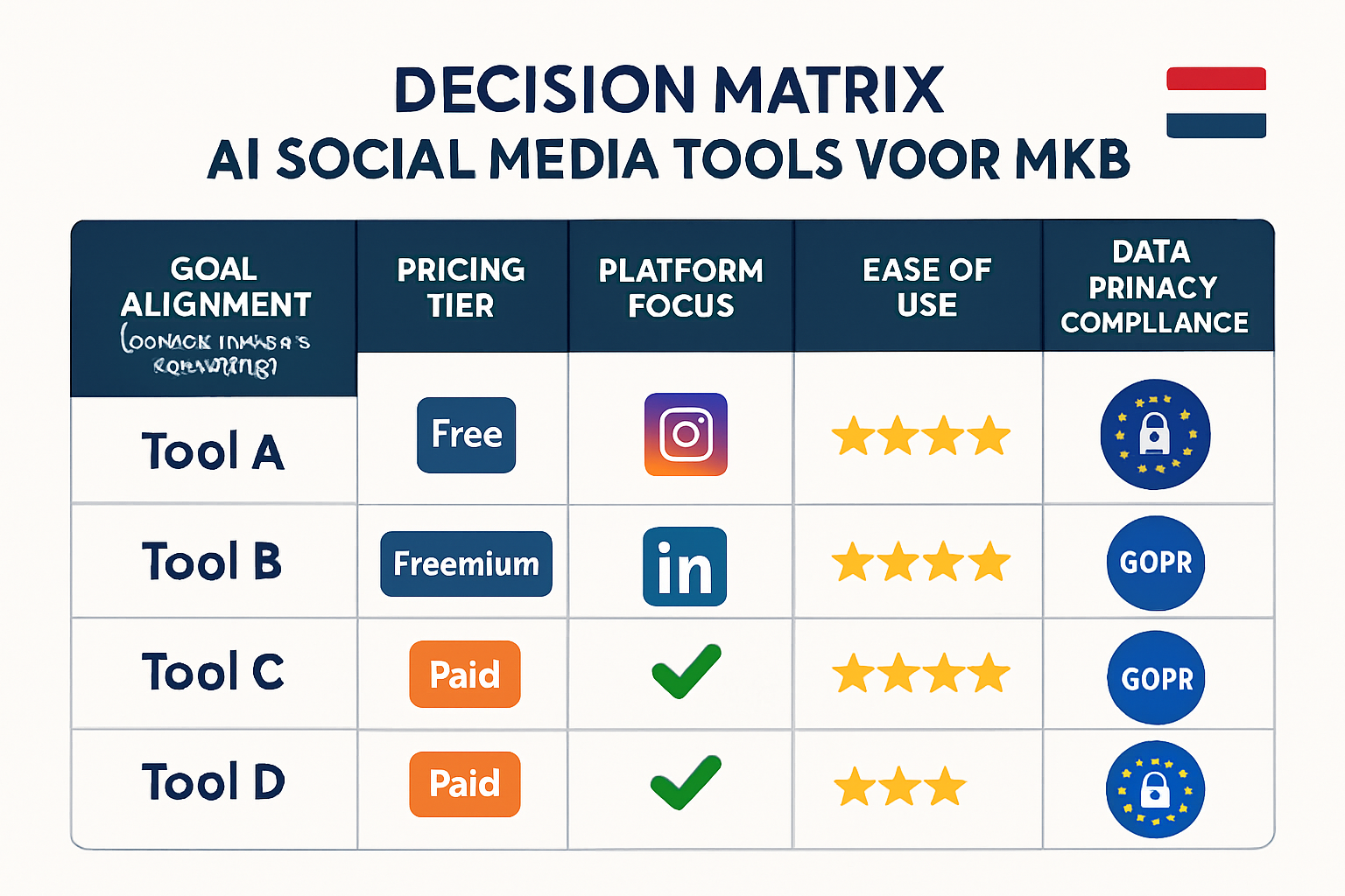 Decision matrix helping Dutch MKBs quickly compare AI social media tools by goals, cost, ease, and compliance to streamline their selection process.