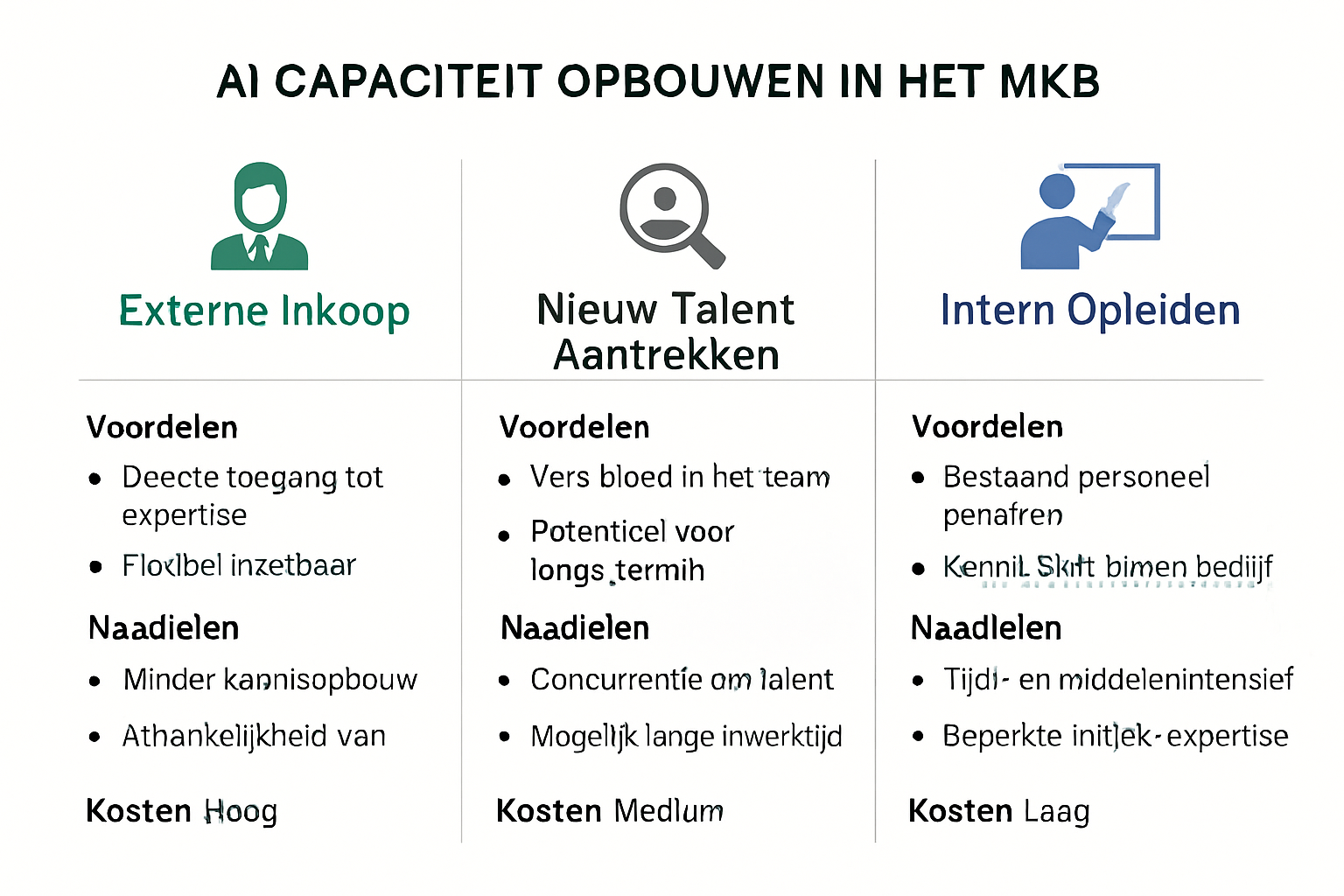 Vergelijk de drie belangrijkste strategieën voor het opbouwen van AI-expertise binnen uw MKB en bepaal welke het beste past bij uw organisatiebehoeften en middelen.