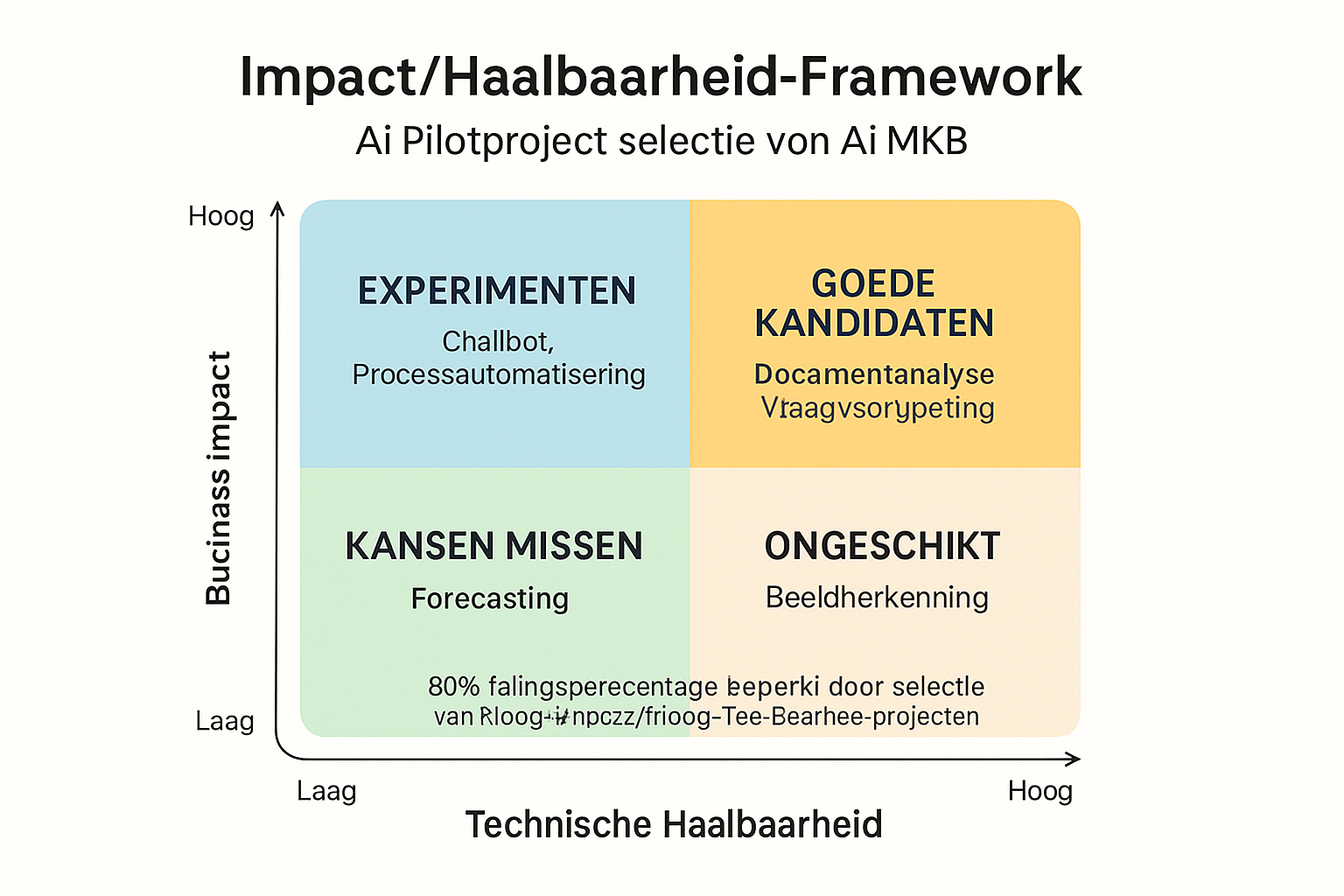 Een 2x2 matrix die Business Impact afzet tegen Technische Haalbaarheid voor het kiezen van AI-projecten.